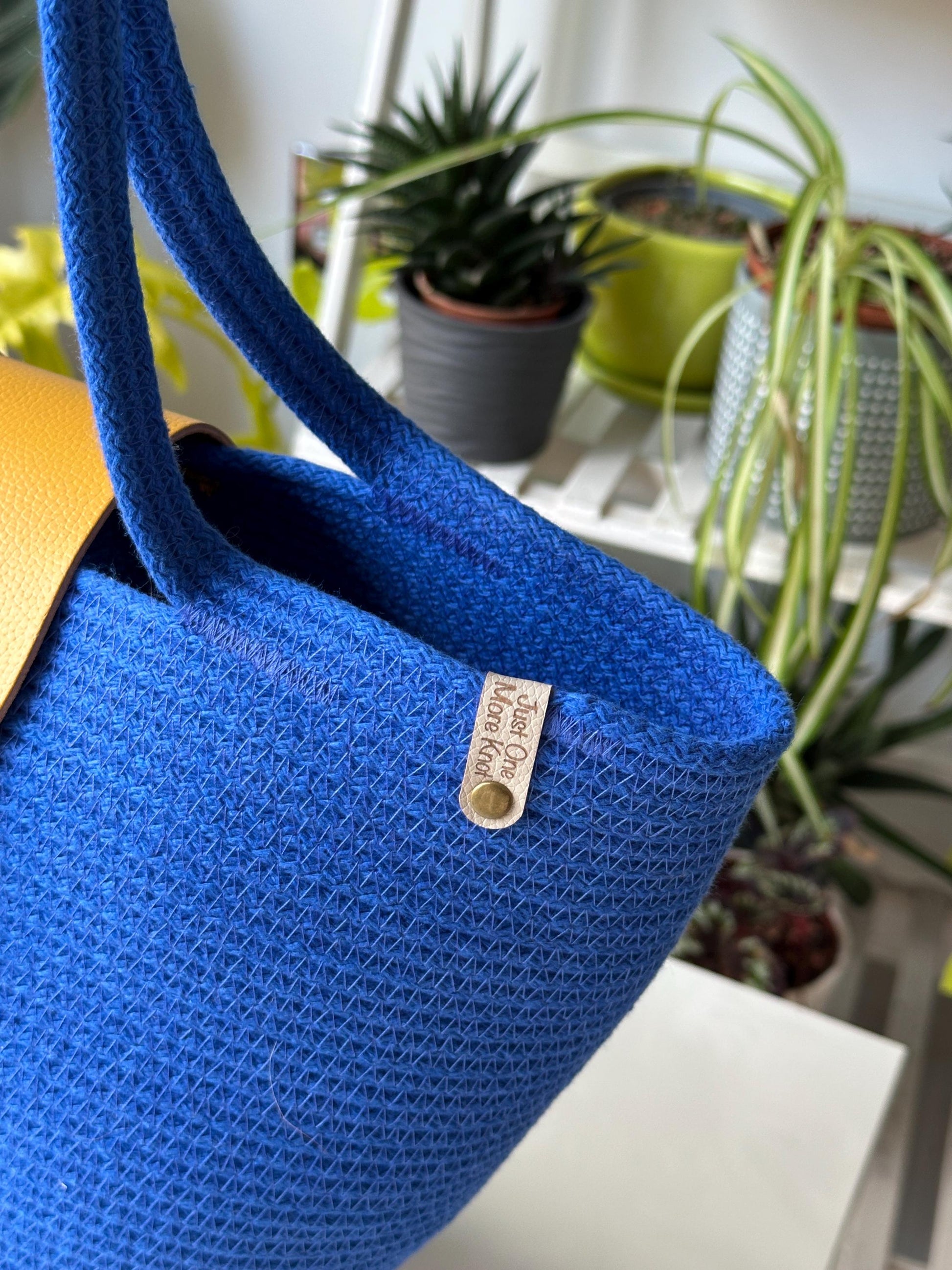 Paradise Blue Handmade Zigzag Cotton Cord Bag: Paradise Blue Shopper, Eco-Leather Flap