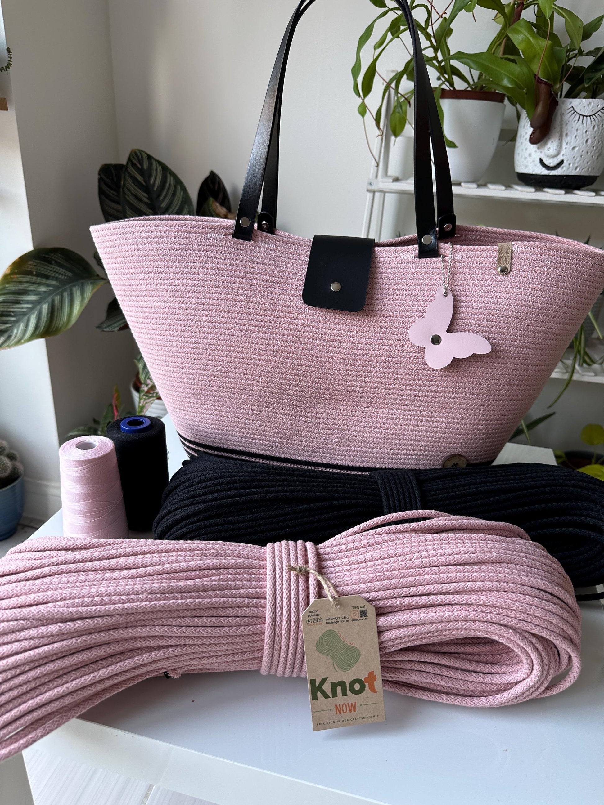Candy Heart Black Zigzag Cotton Rope Bag: UK Crafted Shopper with Eco-Leather Flap