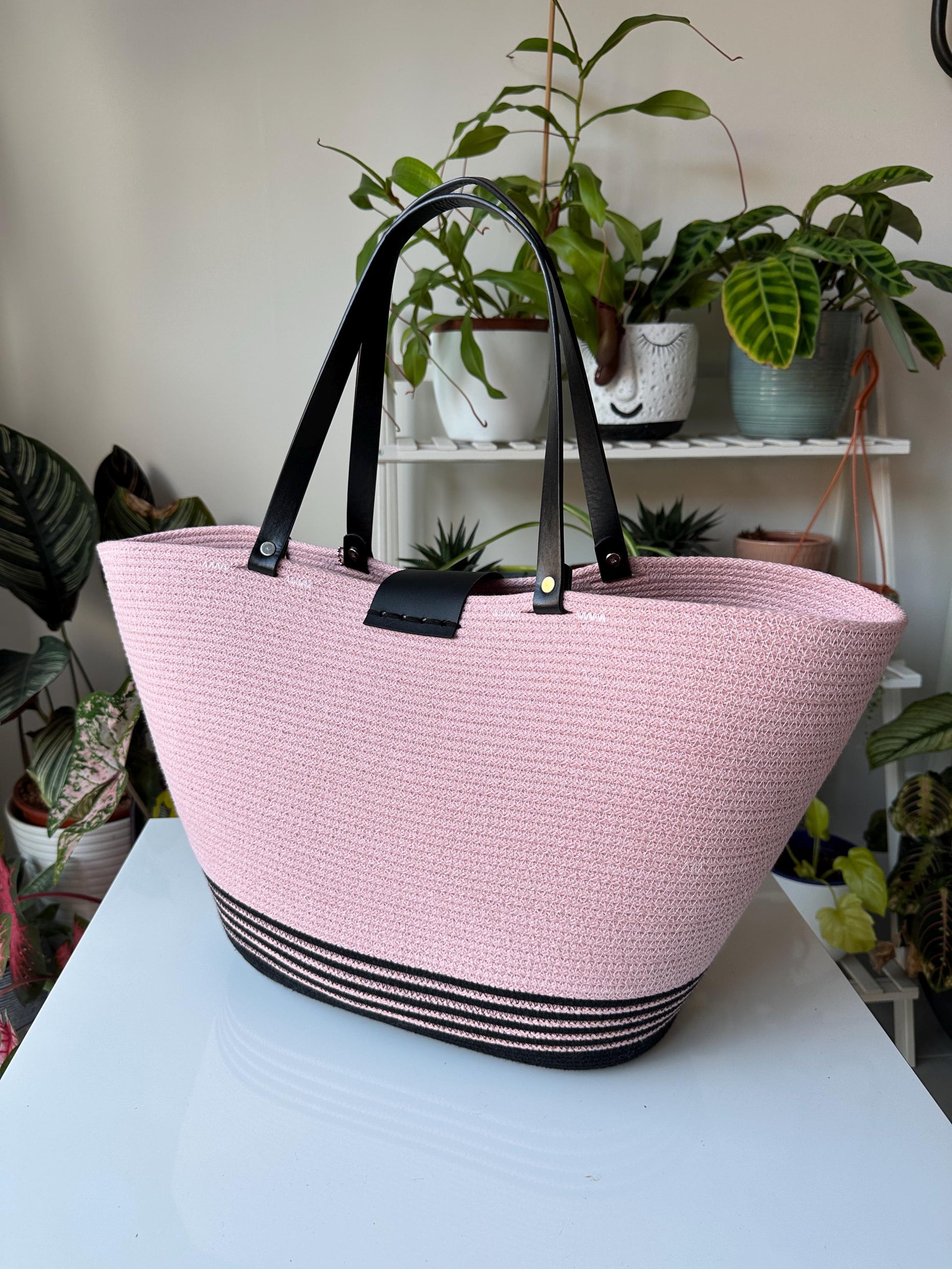 Candy Heart Black Zigzag Cotton Rope Bag: UK Crafted Shopper with Eco-Leather Flap