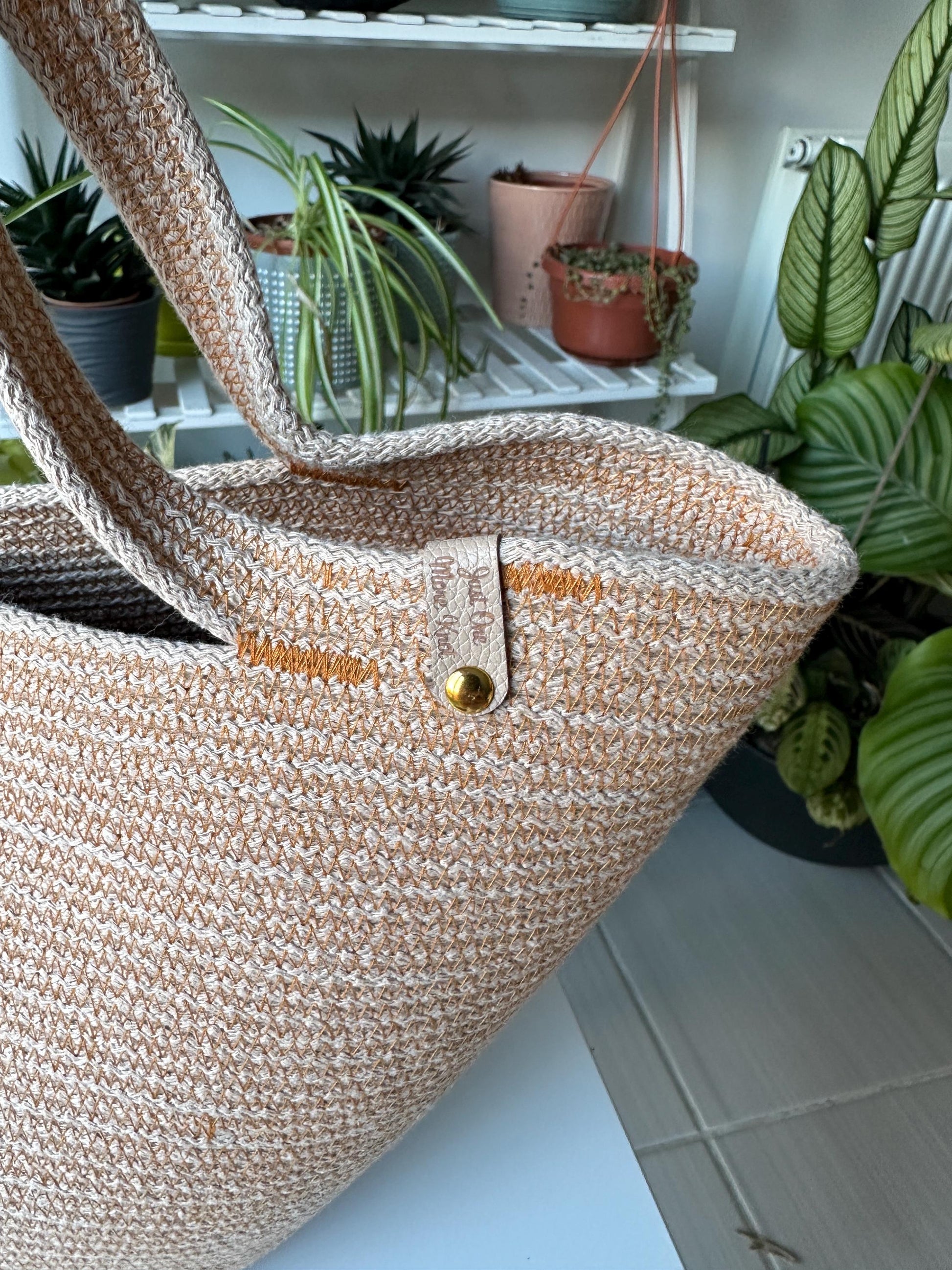 Beige Tobacco Handmade Zigzag Cotton Cord Bag: UK Crafted Shopper with Eco-Leather Flap