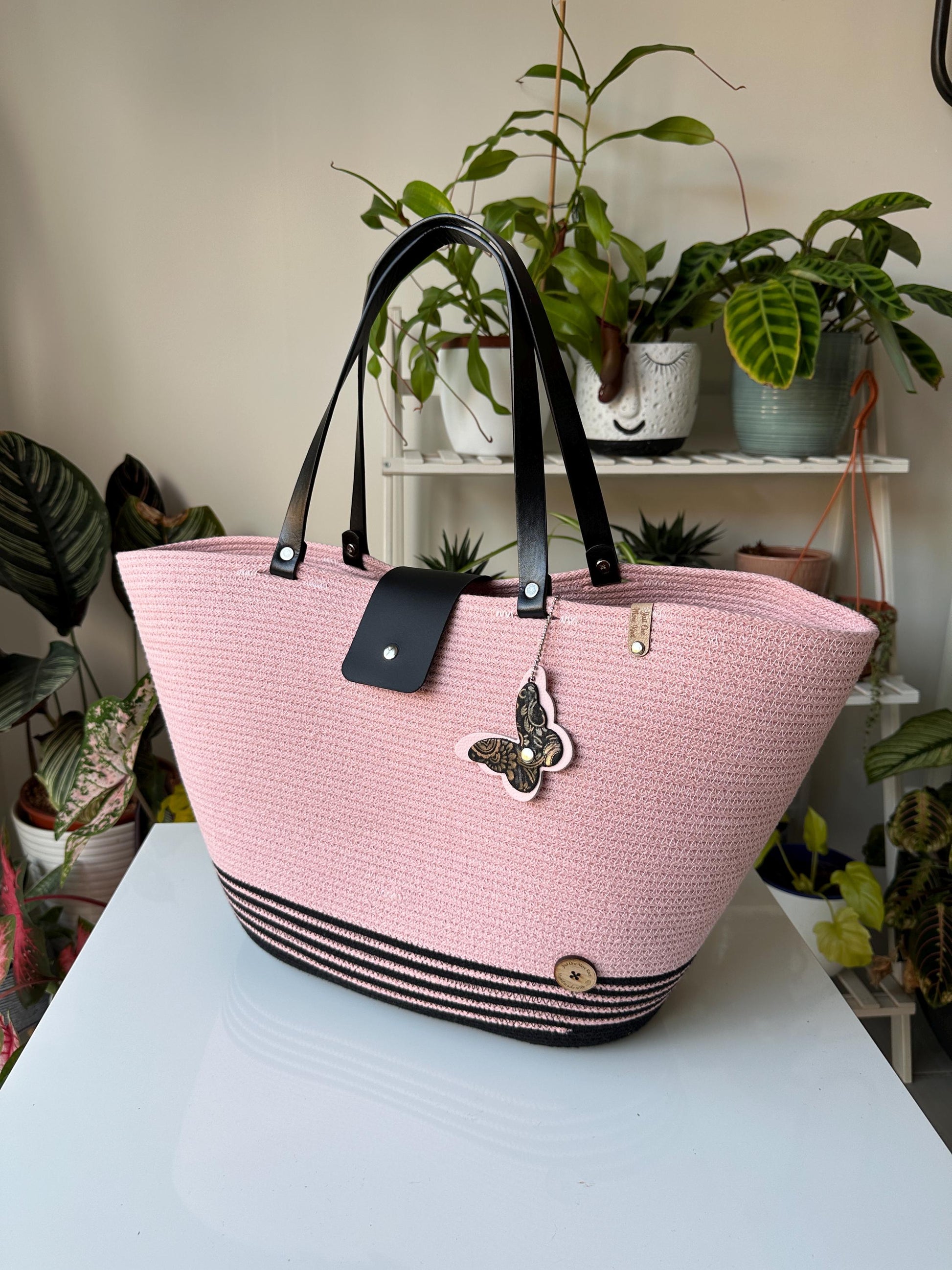 Candy Heart Black Zigzag Cotton Rope Bag: UK Crafted Shopper with Eco-Leather Flap