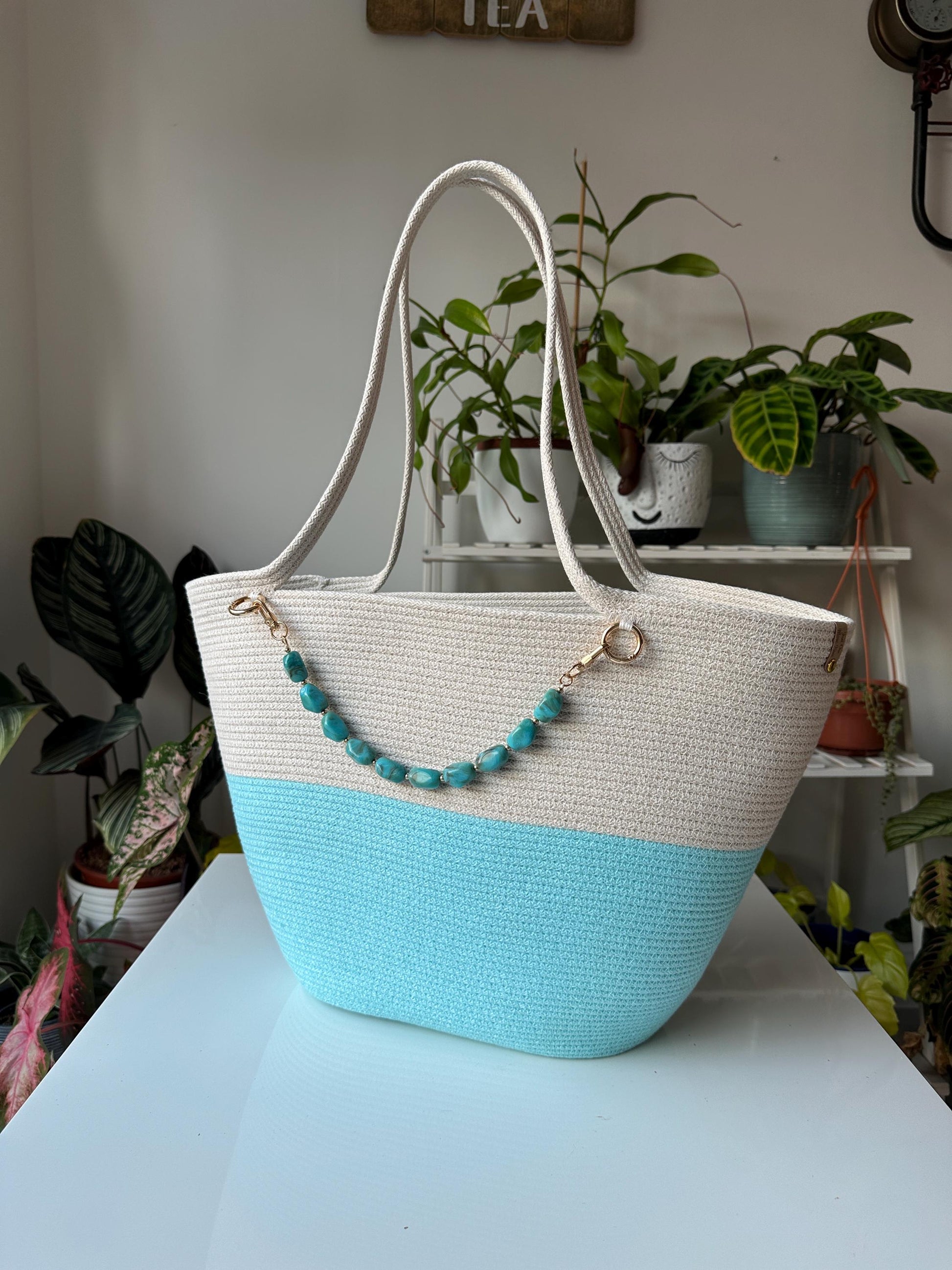 Ecru Limpet Shell Handmade Zigzag Cotton Cord Bag UK Crafted Shopper with Stone Charm
