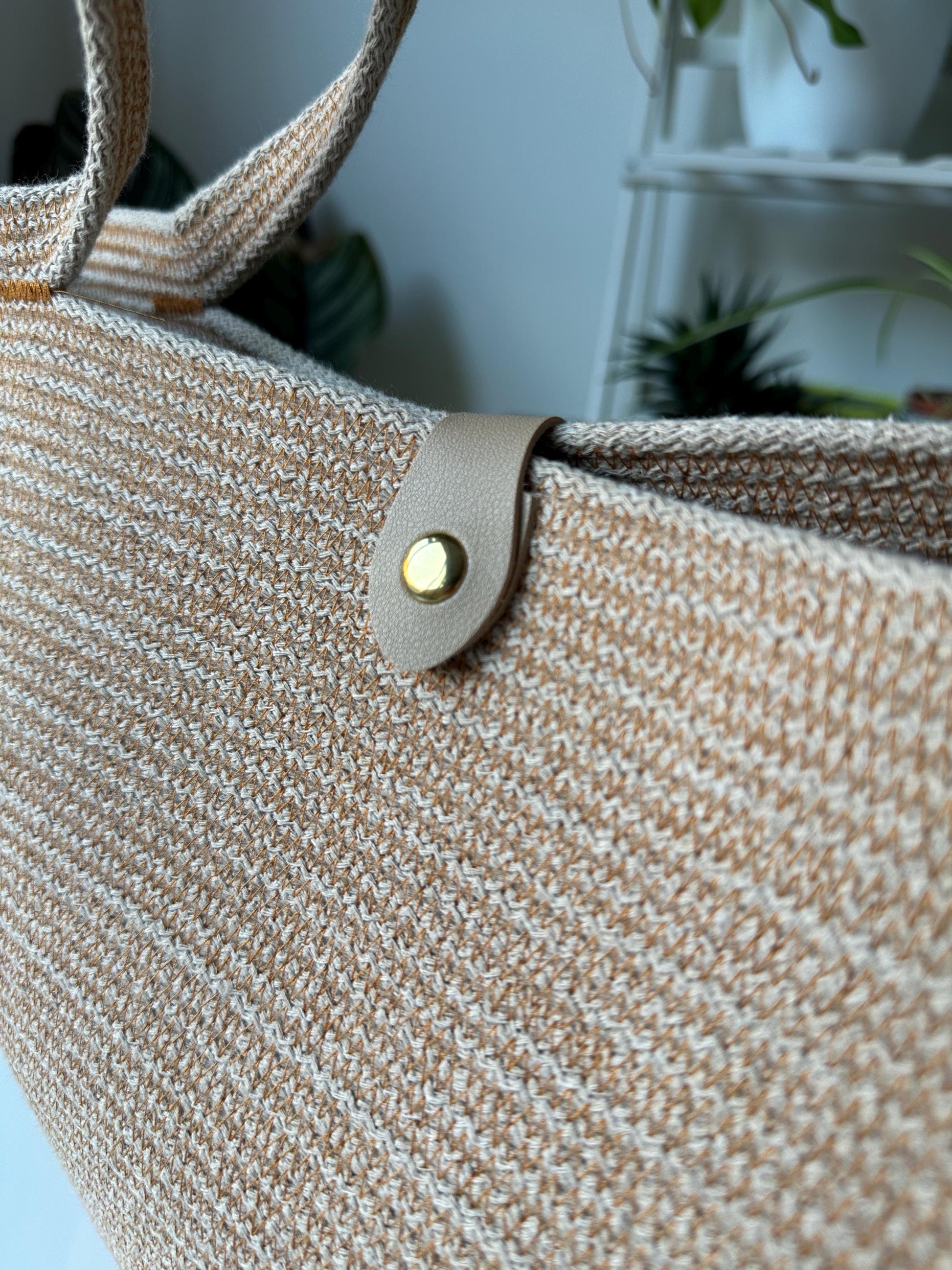 Beige Tobacco Handmade Zigzag Cotton Cord Bag: UK Crafted Shopper with Eco-Leather Flap
