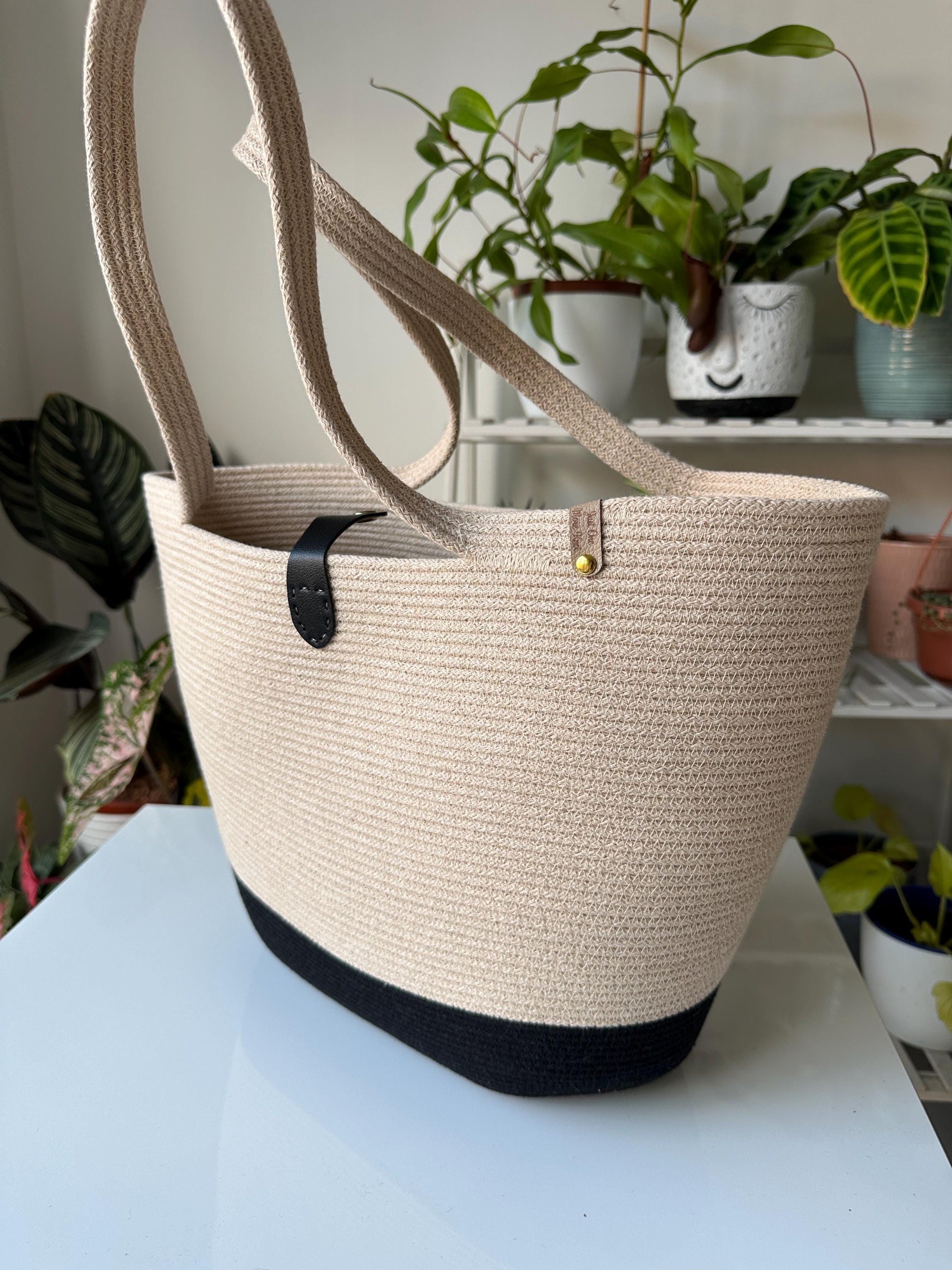 Black Beige Handmade Zigzag Cotton Cord Bag: Eco-Leather Flap, UK Made