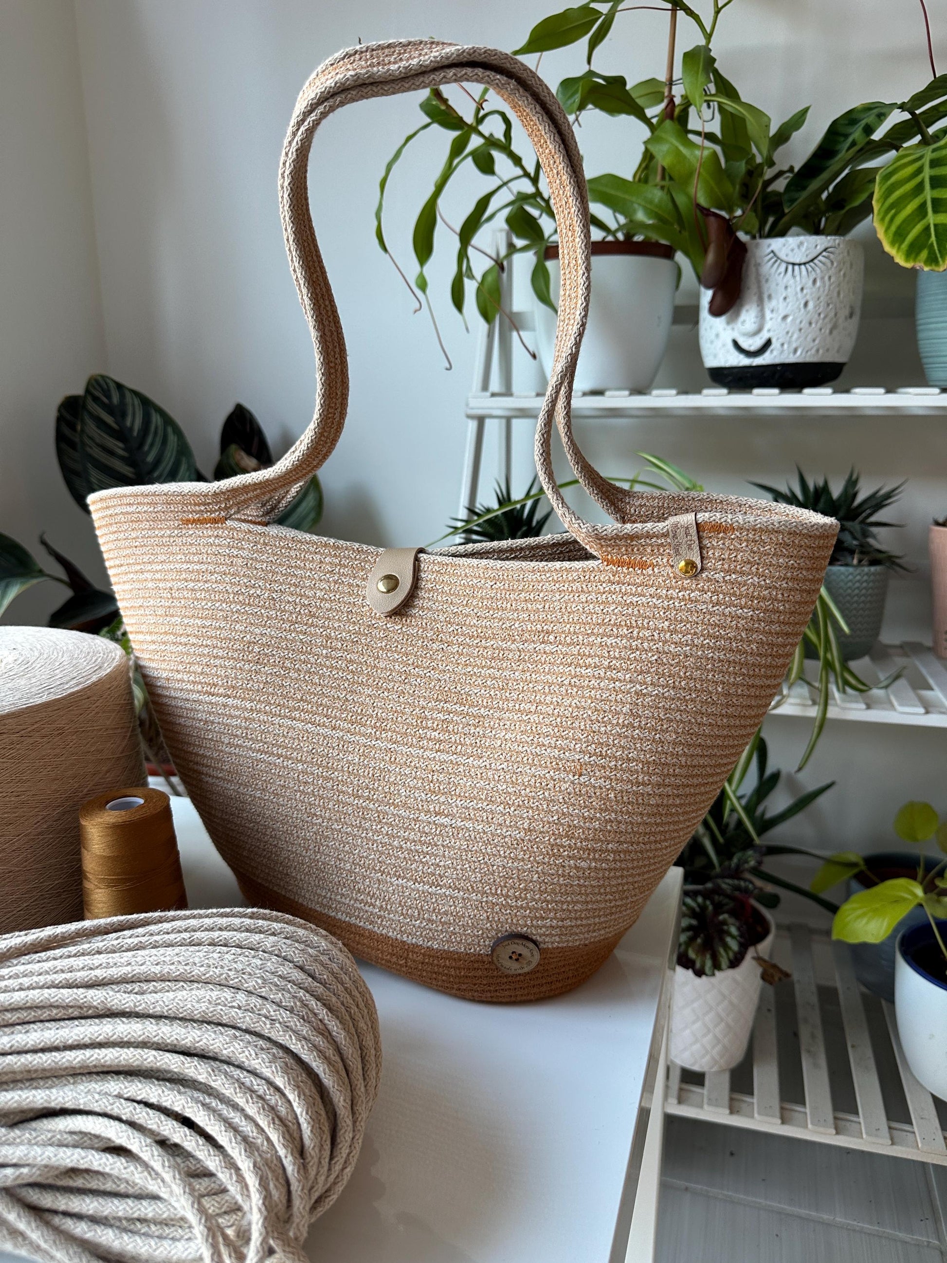 Beige Tobacco Handmade Zigzag Cotton Cord Bag: UK Crafted Shopper with Eco-Leather Flap