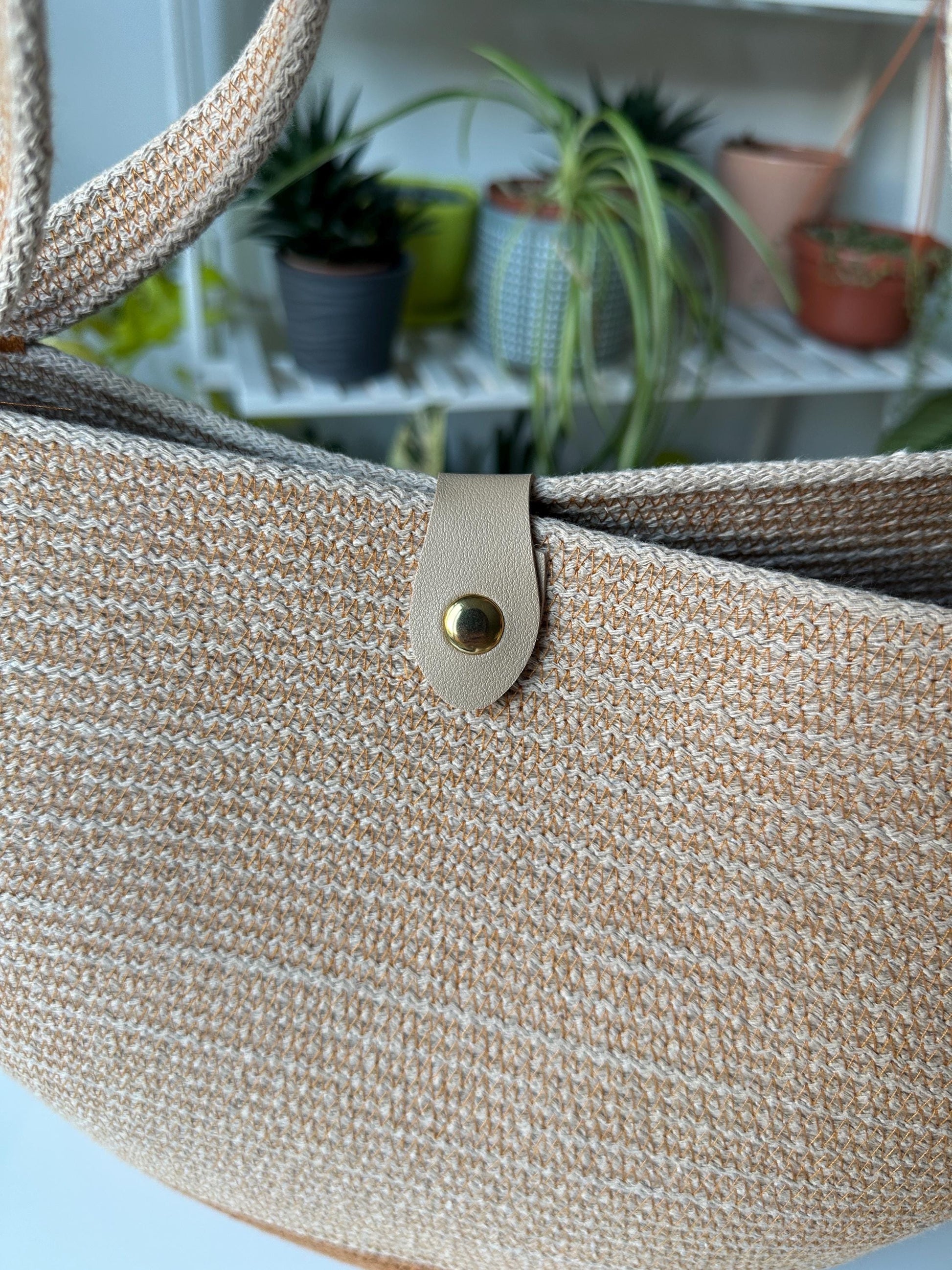 Beige Tobacco Handmade Zigzag Cotton Cord Bag: UK Crafted Shopper with Eco-Leather Flap