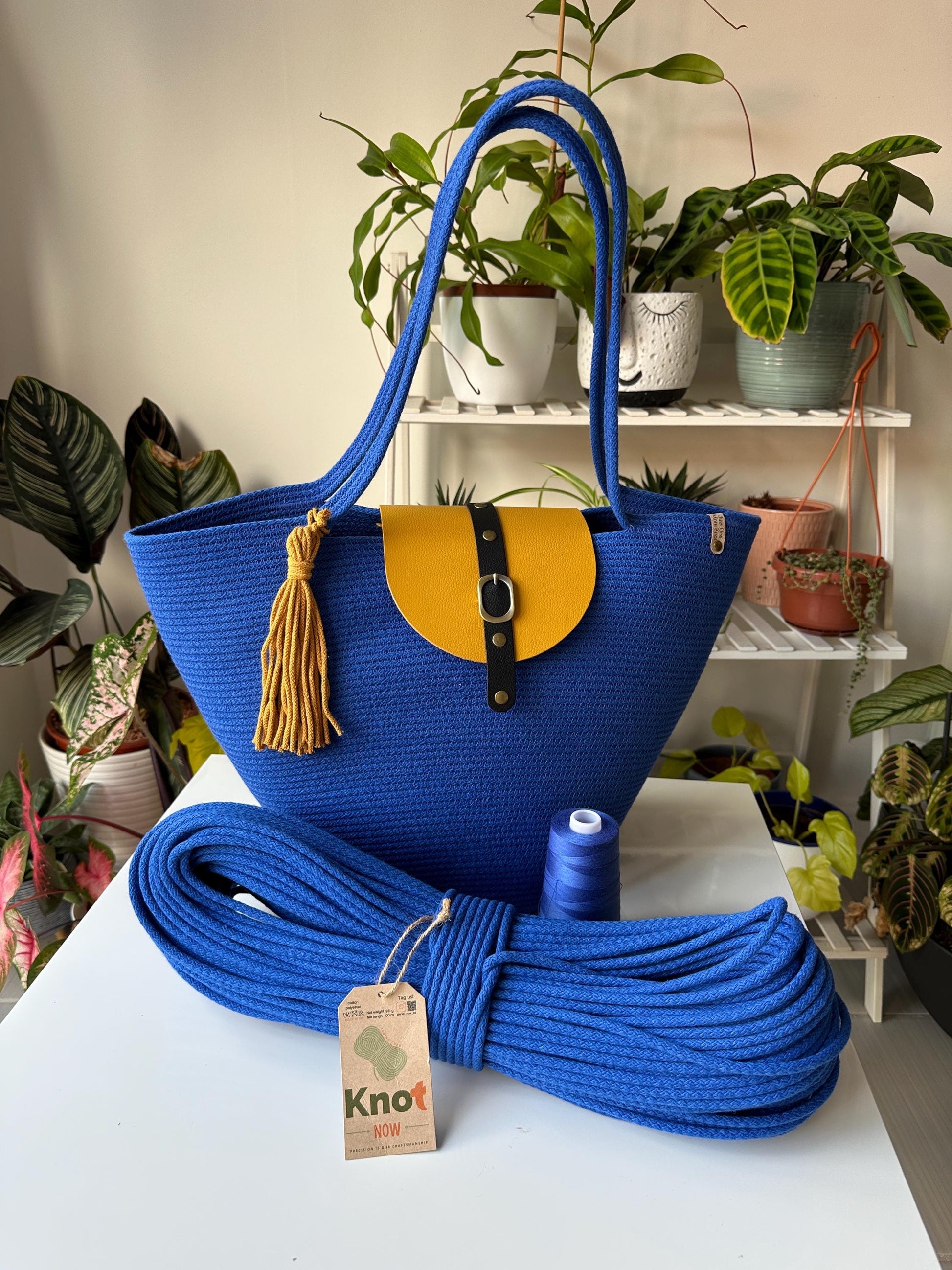 Paradise Blue Handmade Zigzag Cotton Cord Bag: Paradise Blue Shopper, Eco-Leather Flap