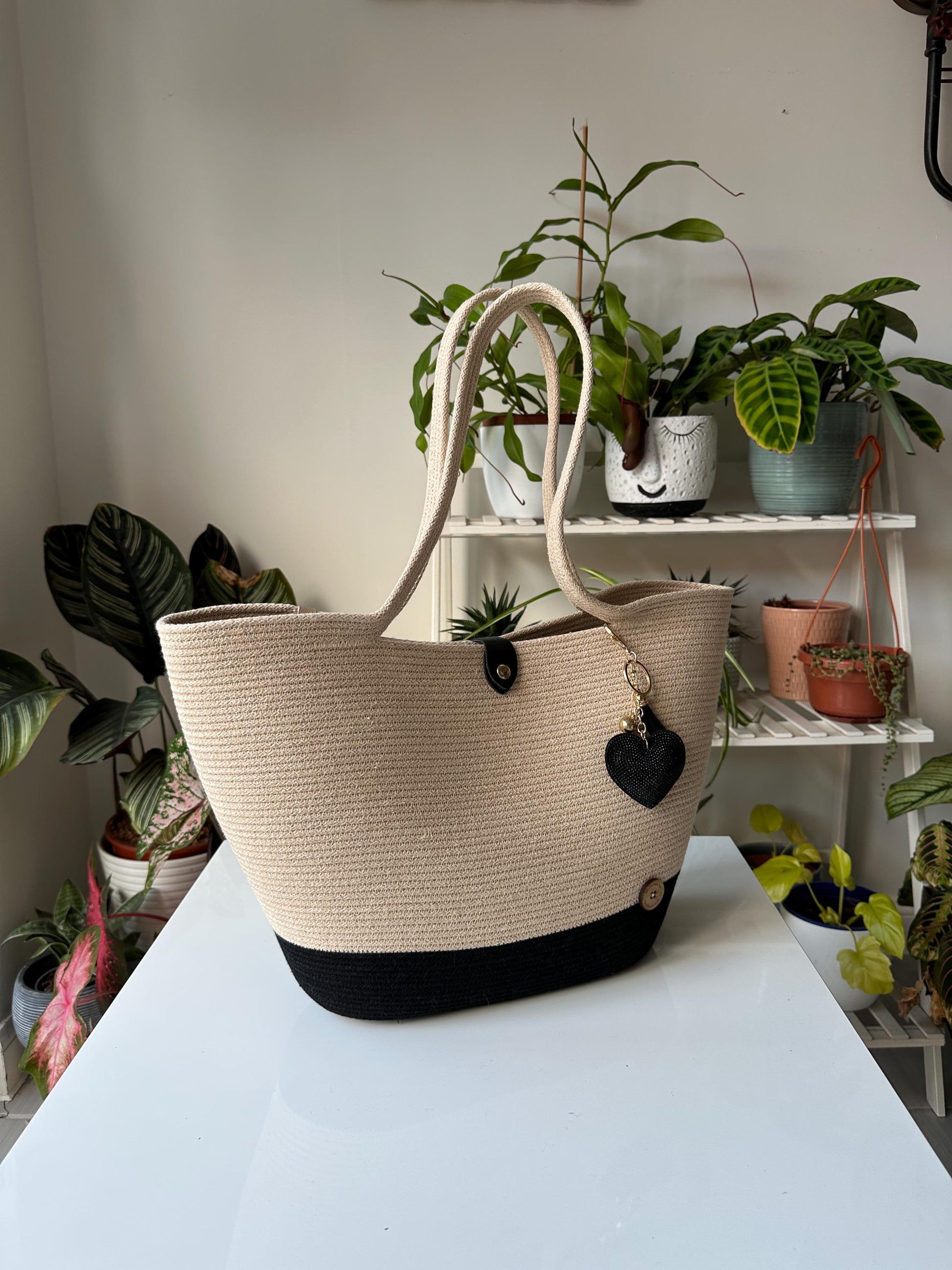 Black Beige Handmade Zigzag Cotton Cord Bag: Eco-Leather Flap, UK Made