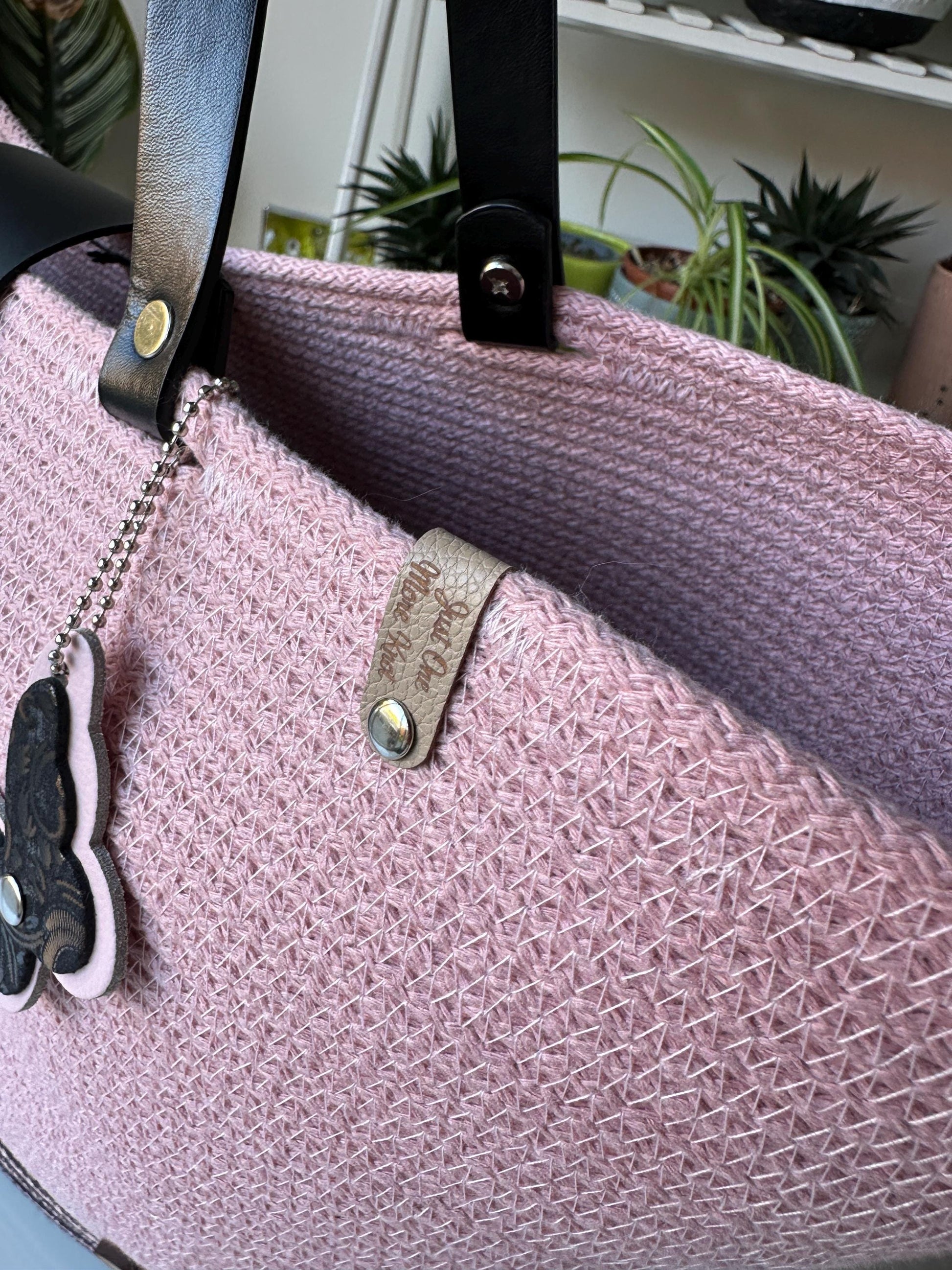 Candy Heart Black Zigzag Cotton Rope Bag: UK Crafted Shopper with Eco-Leather Flap