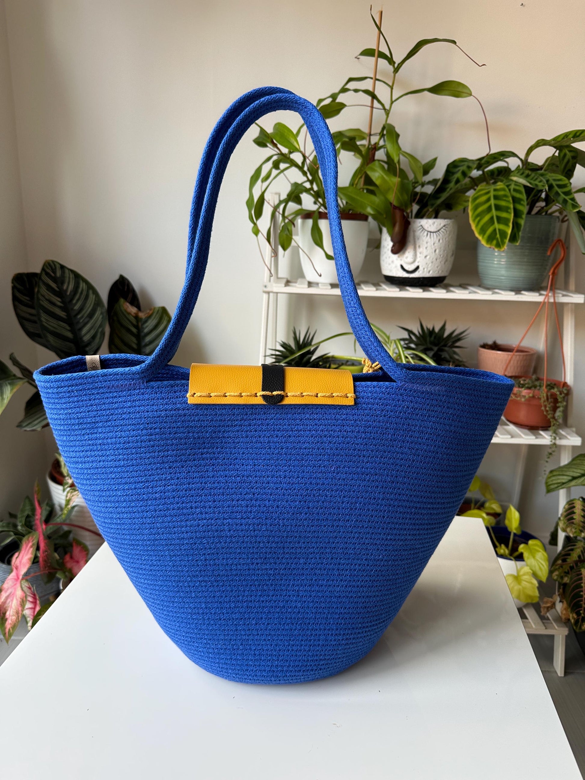 Paradise Blue Handmade Zigzag Cotton Cord Bag: Paradise Blue Shopper, Eco-Leather Flap