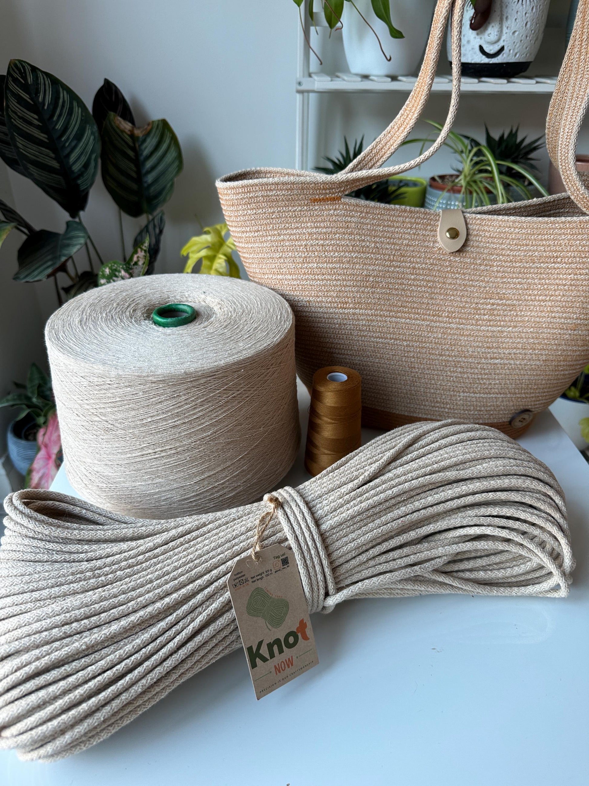 Beige Tobacco Handmade Zigzag Cotton Cord Bag: UK Crafted Shopper with Eco-Leather Flap