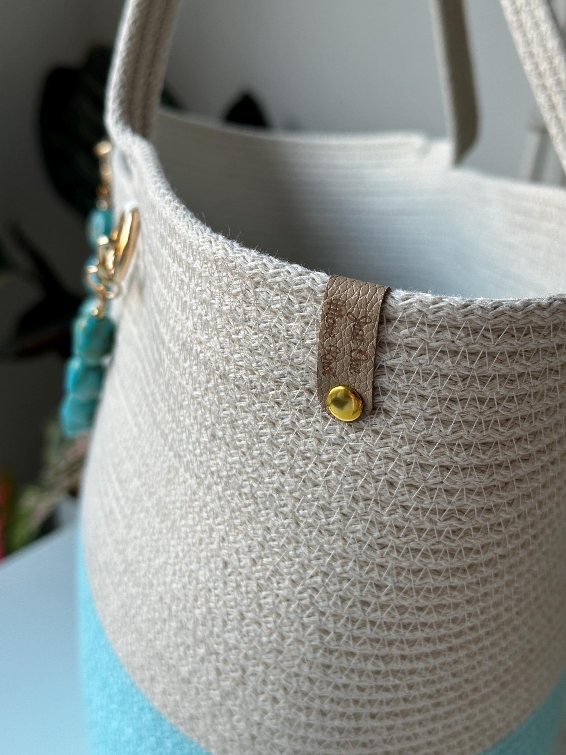 Ecru Limpet Shell Handmade Zigzag Cotton Cord Bag UK Crafted Shopper with Stone Charm