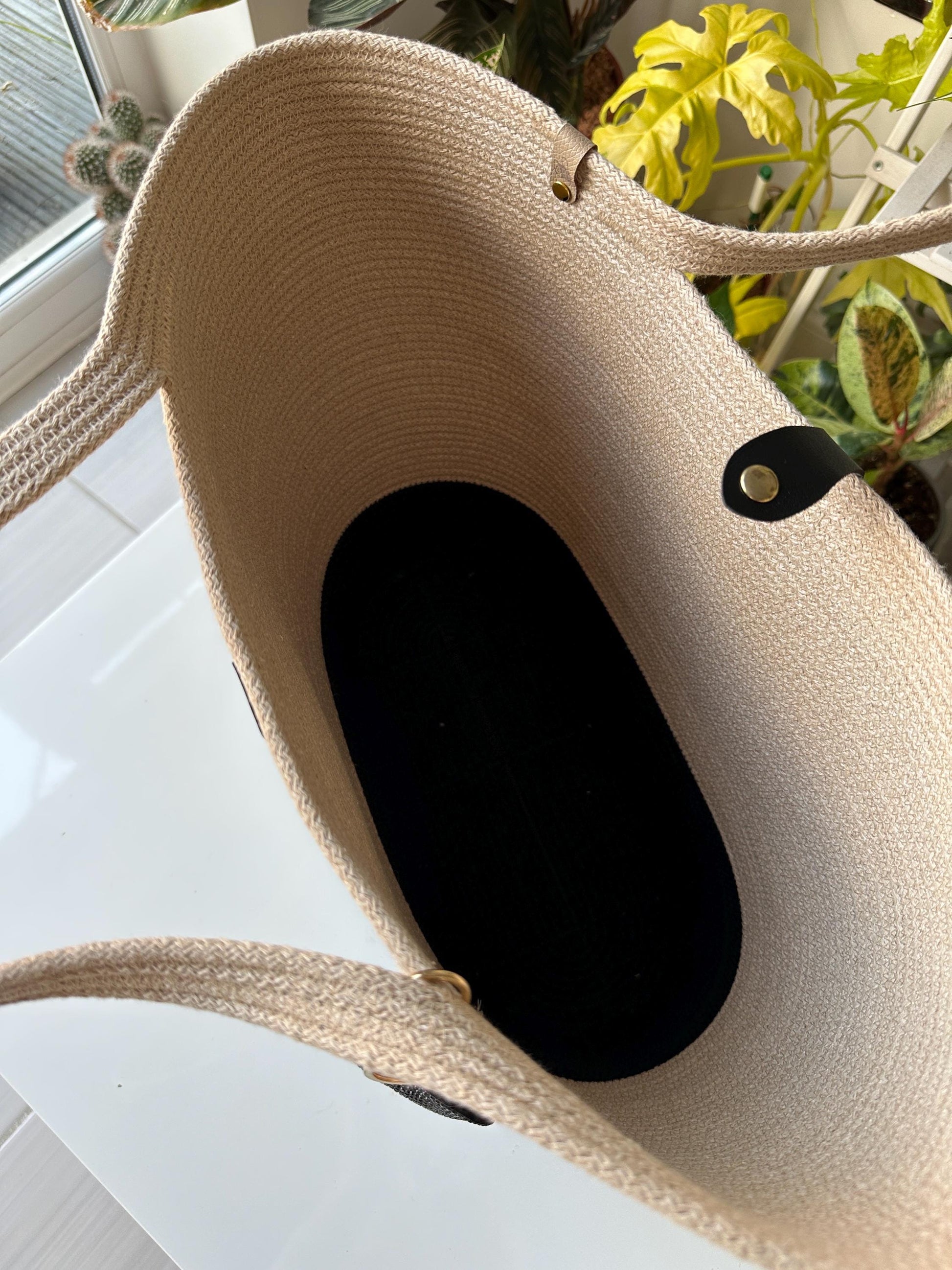 Black Beige Handmade Zigzag Cotton Cord Bag: Eco-Leather Flap, UK Made