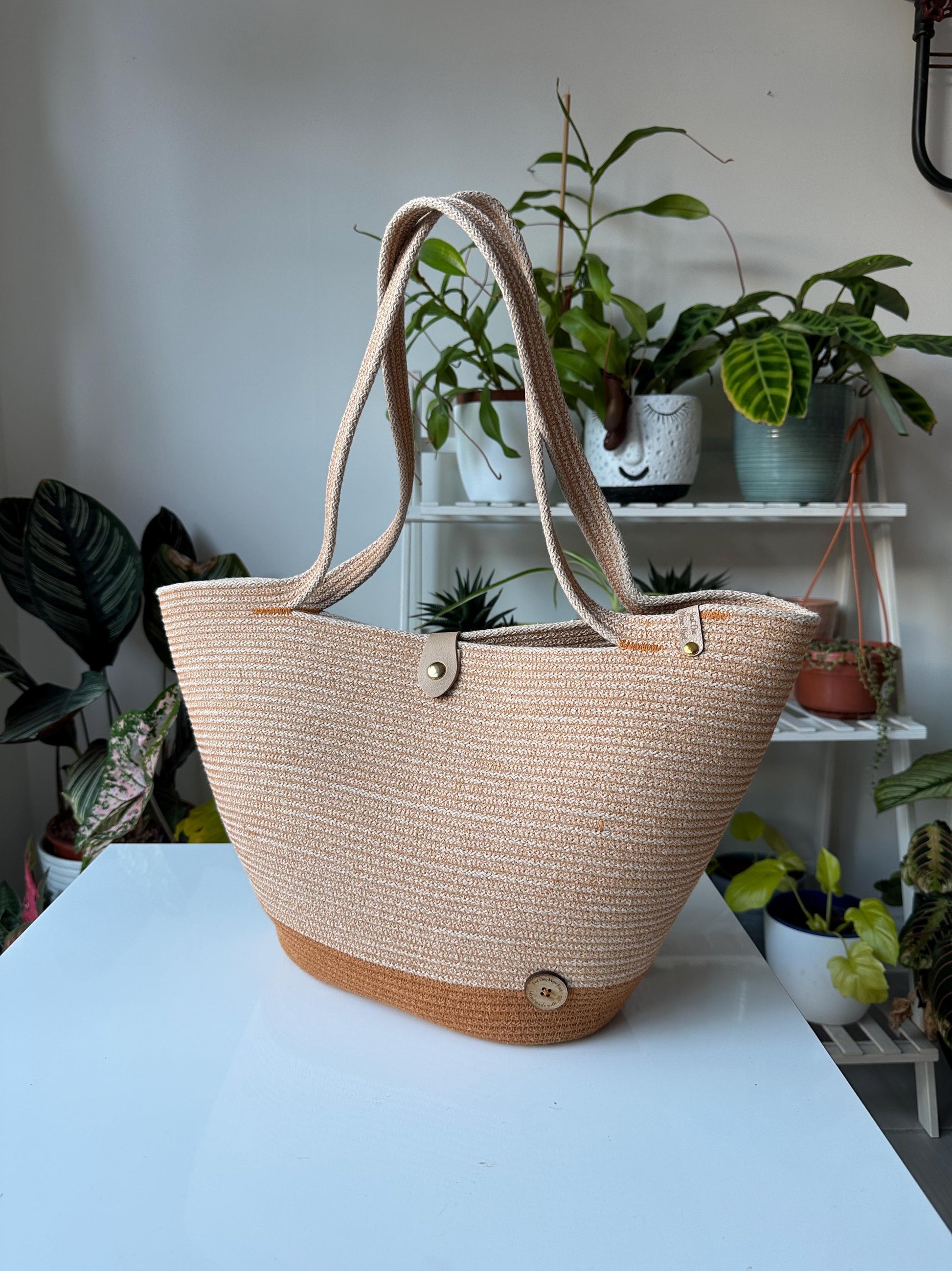 Beige Tobacco Handmade Zigzag Cotton Cord Bag: UK Crafted Shopper with Eco-Leather Flap