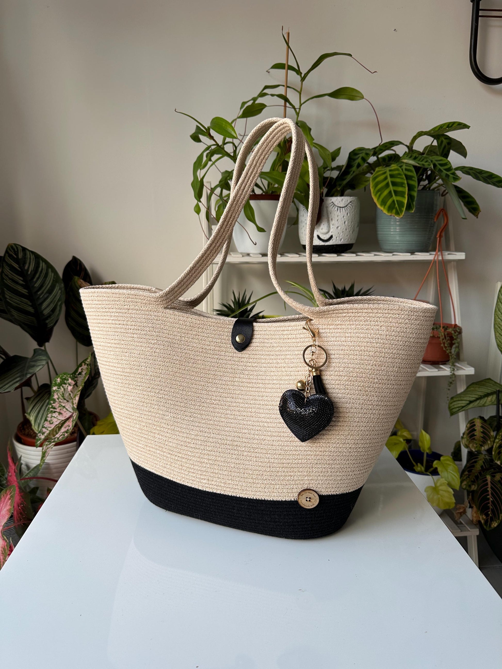 Black Beige Handmade Zigzag Cotton Cord Bag: Eco-Leather Flap, UK Made