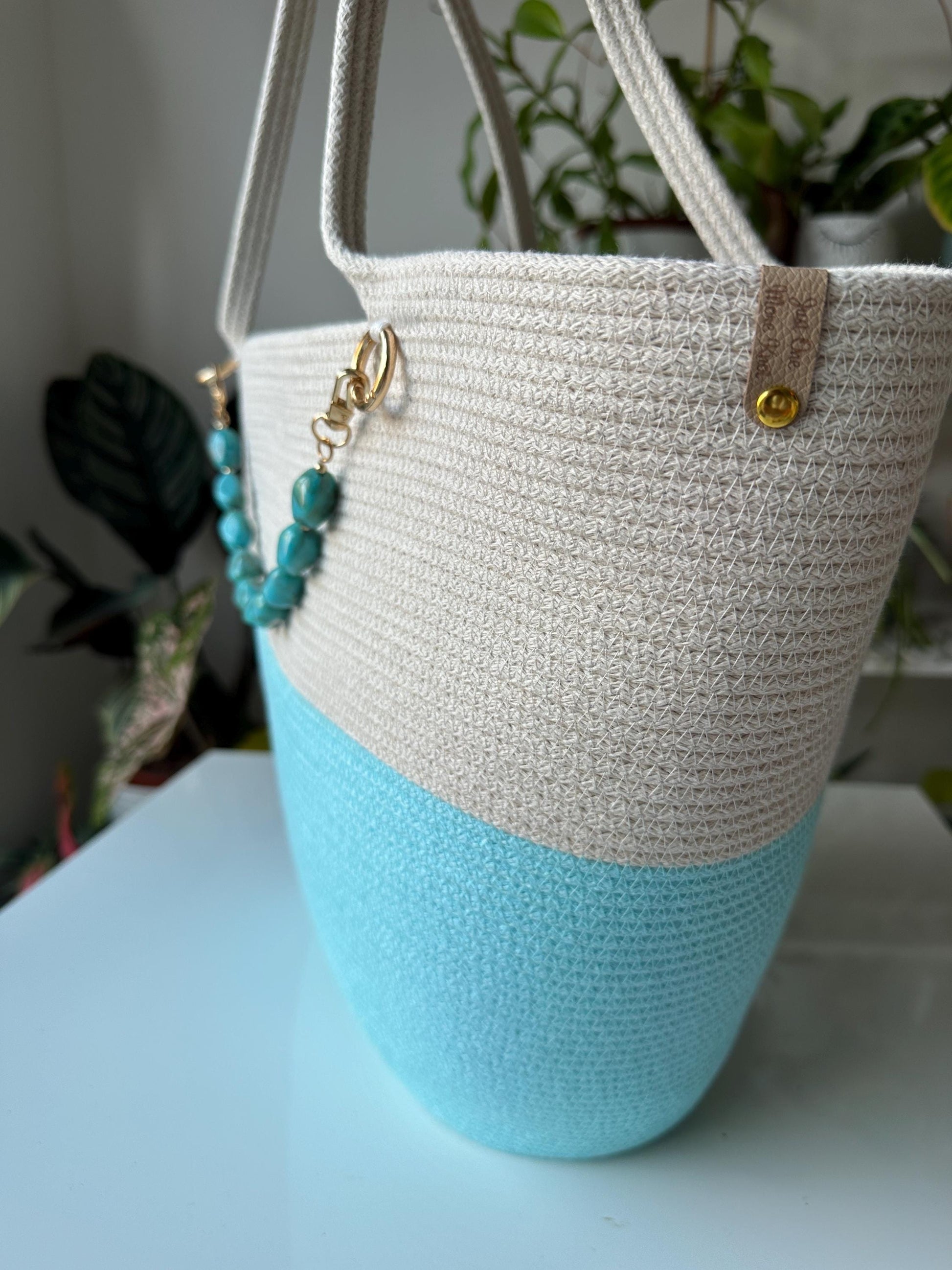 Ecru Limpet Shell Handmade Zigzag Cotton Cord Bag UK Crafted Shopper with Stone Charm