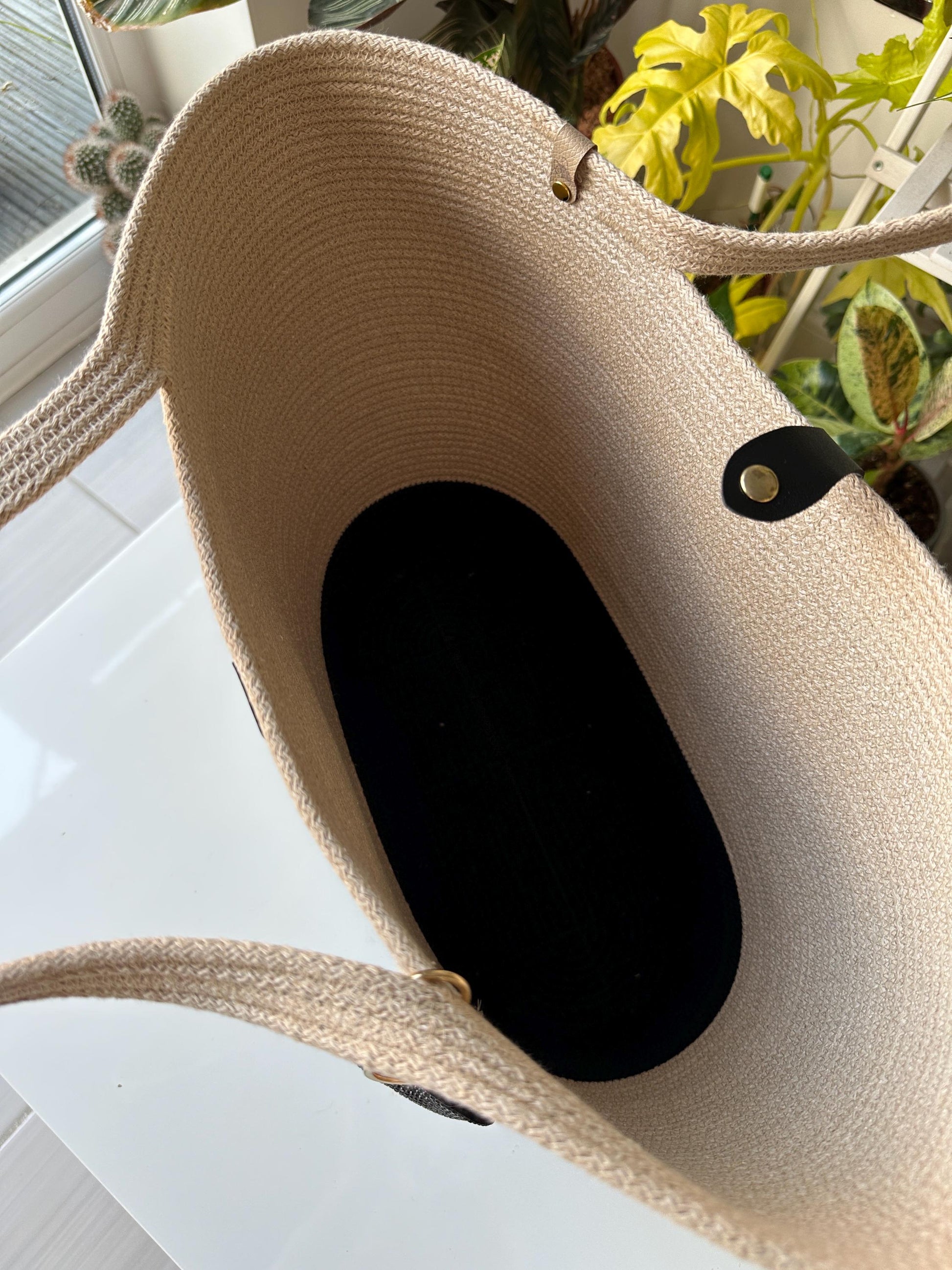 Beige Tobacco Handmade Zigzag Cotton Cord Bag: UK Crafted Shopper with Eco-Leather Flap