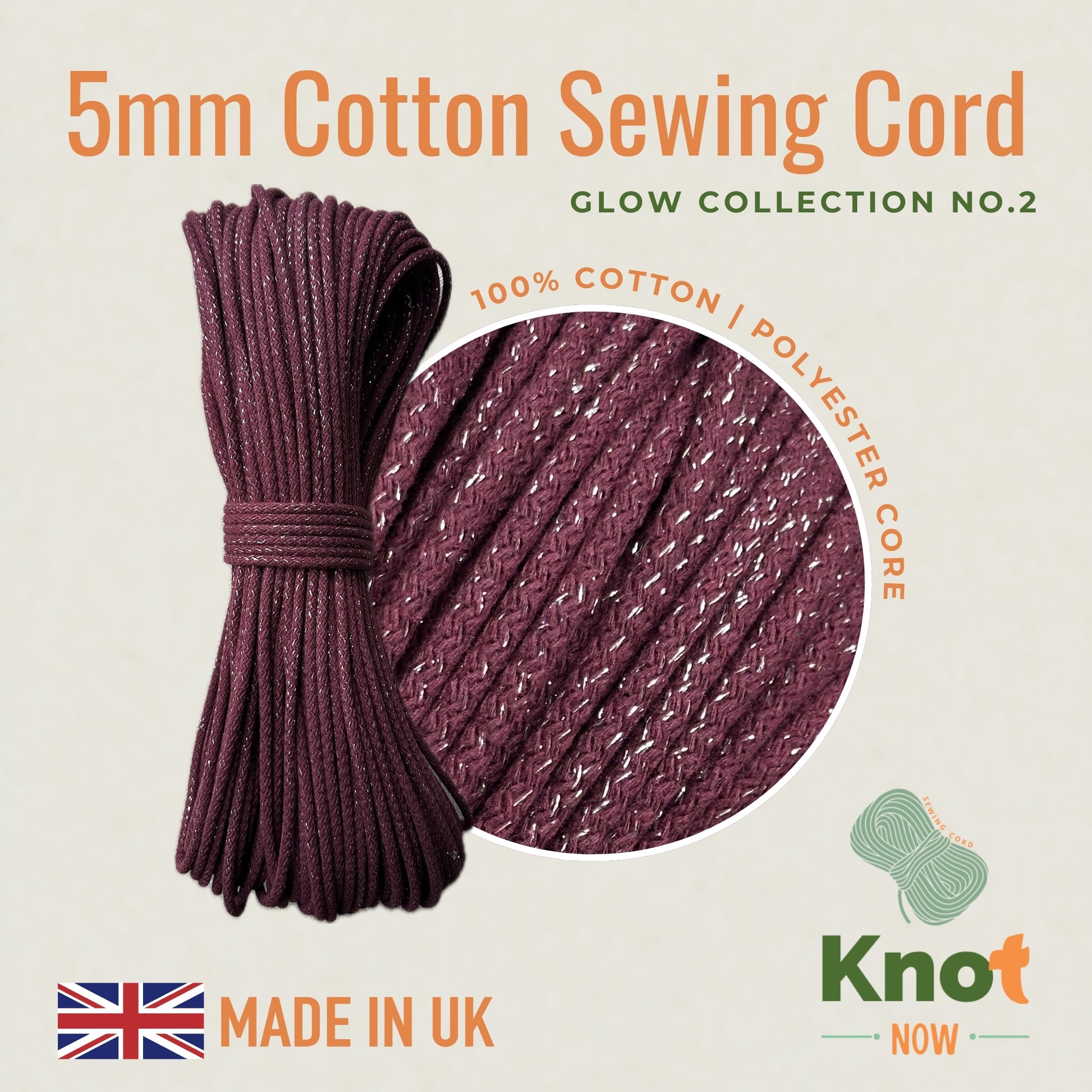 5mm Berry / Silver Cotton Sewing Cord  Glow Collection