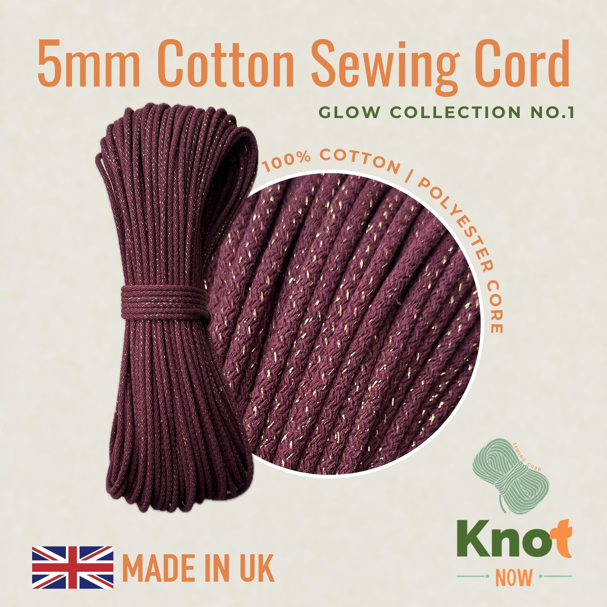 5mm Berry / Gold Cotton Sewing Cord  Glow Collection