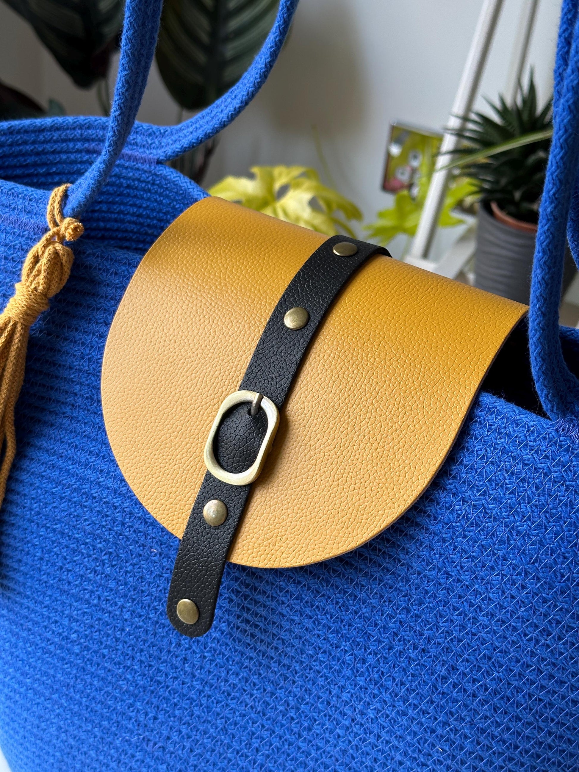 Paradise Blue Handmade Zigzag Cotton Cord Bag: Paradise Blue Shopper, Eco-Leather Flap