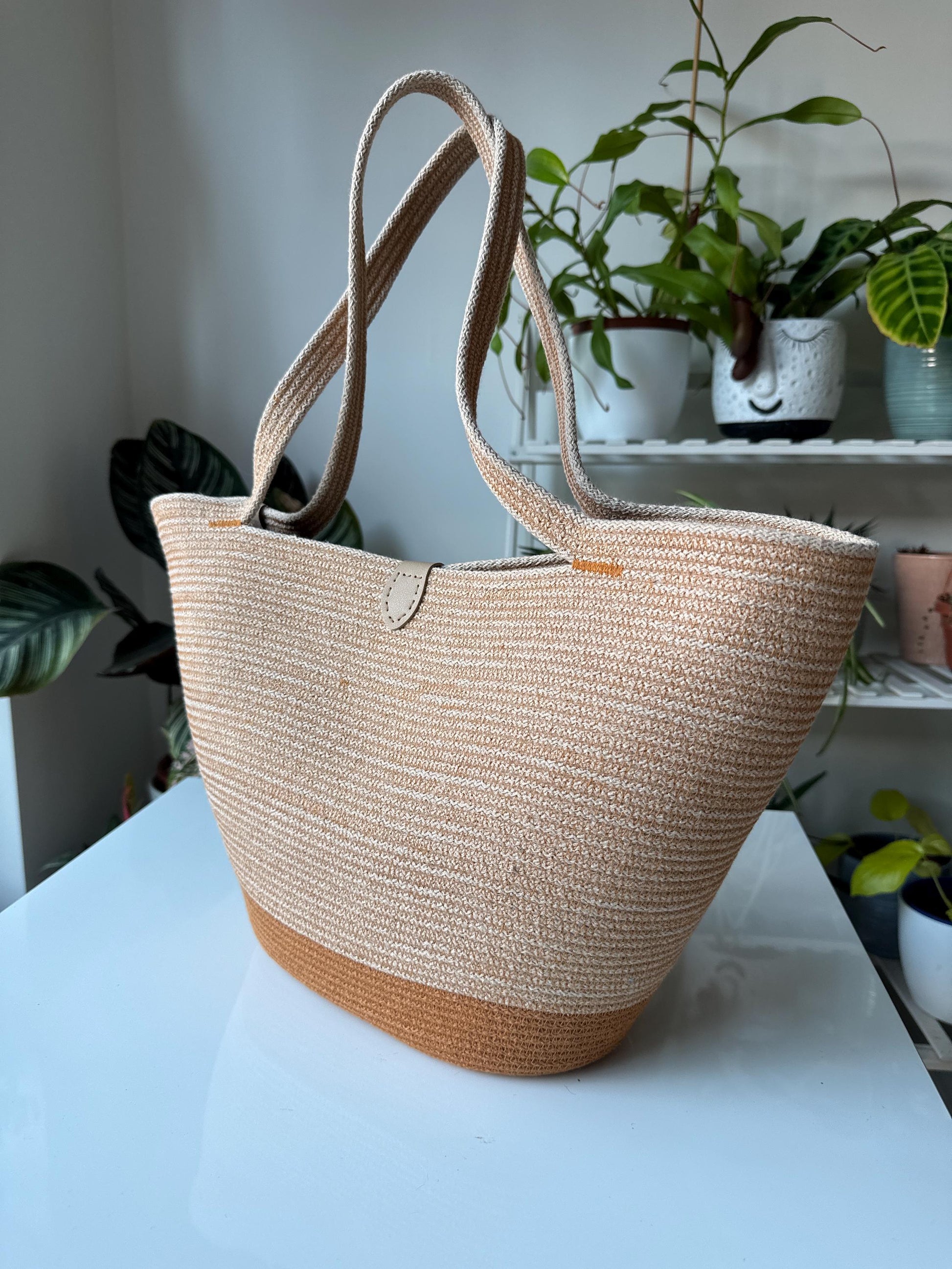 Beige Tobacco Handmade Zigzag Cotton Cord Bag: UK Crafted Shopper with Eco-Leather Flap