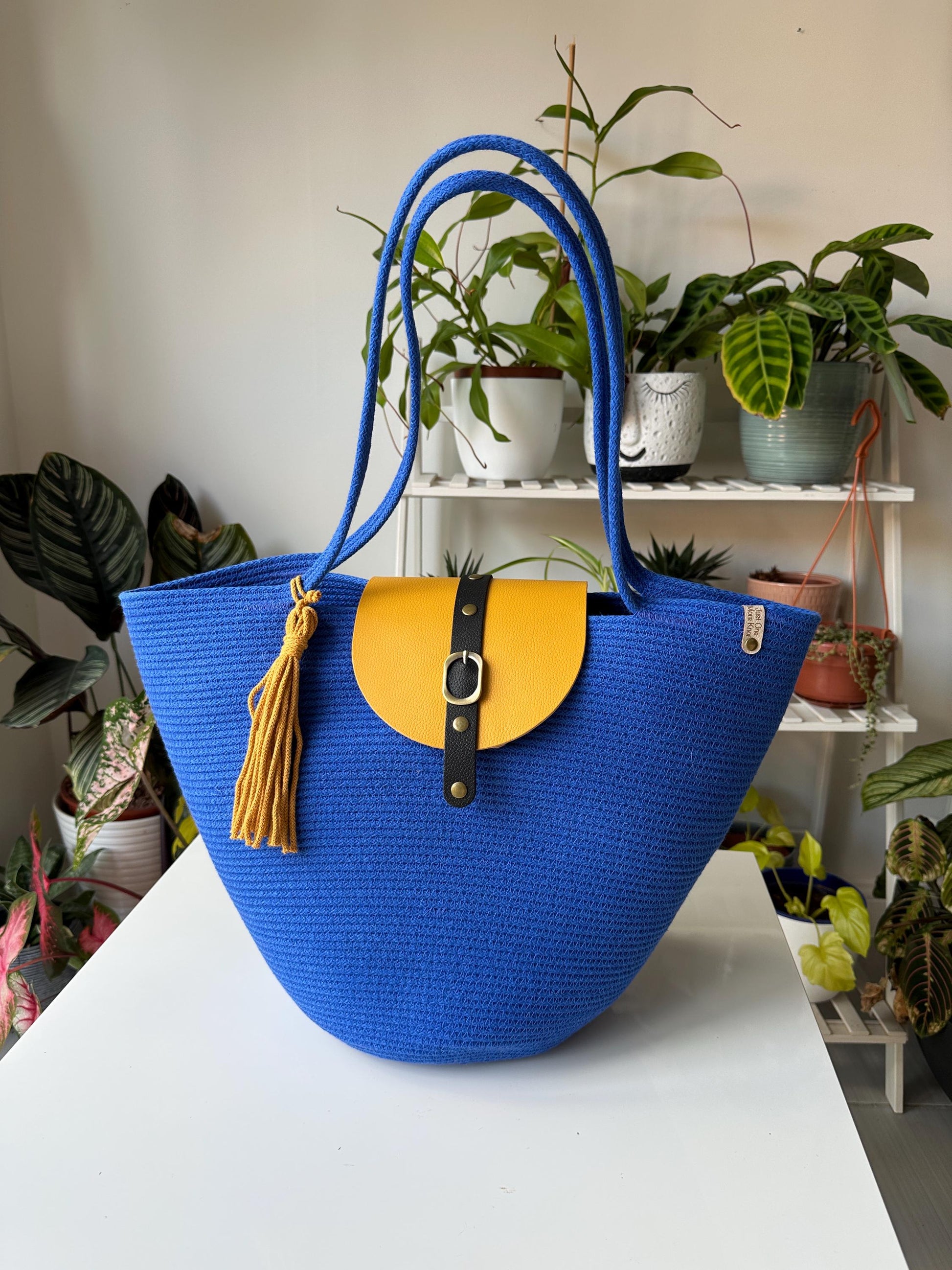 Paradise Blue Handmade Zigzag Cotton Cord Bag: Paradise Blue Shopper, Eco-Leather Flap