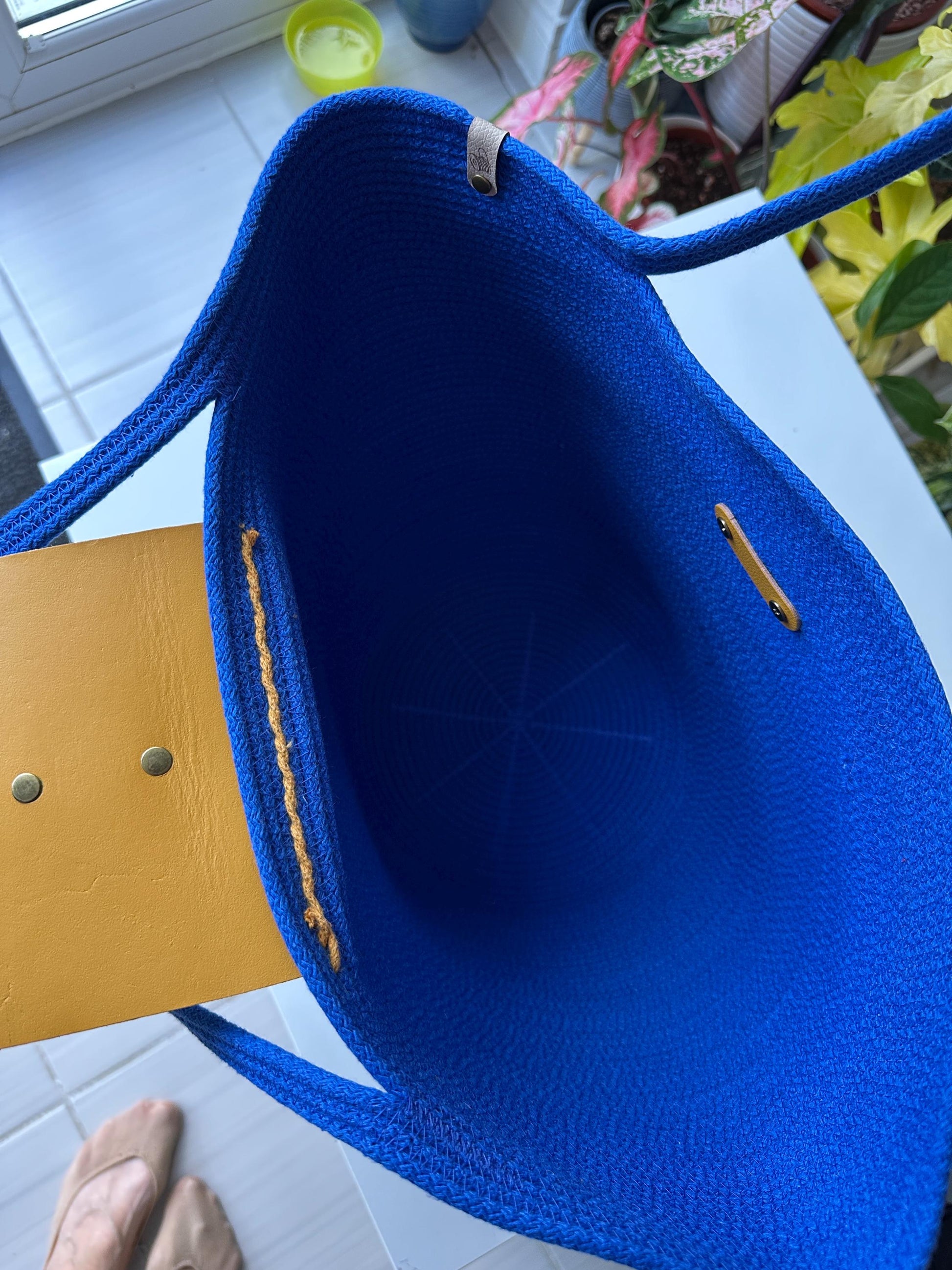 Paradise Blue Handmade Zigzag Cotton Cord Bag: Paradise Blue Shopper, Eco-Leather Flap