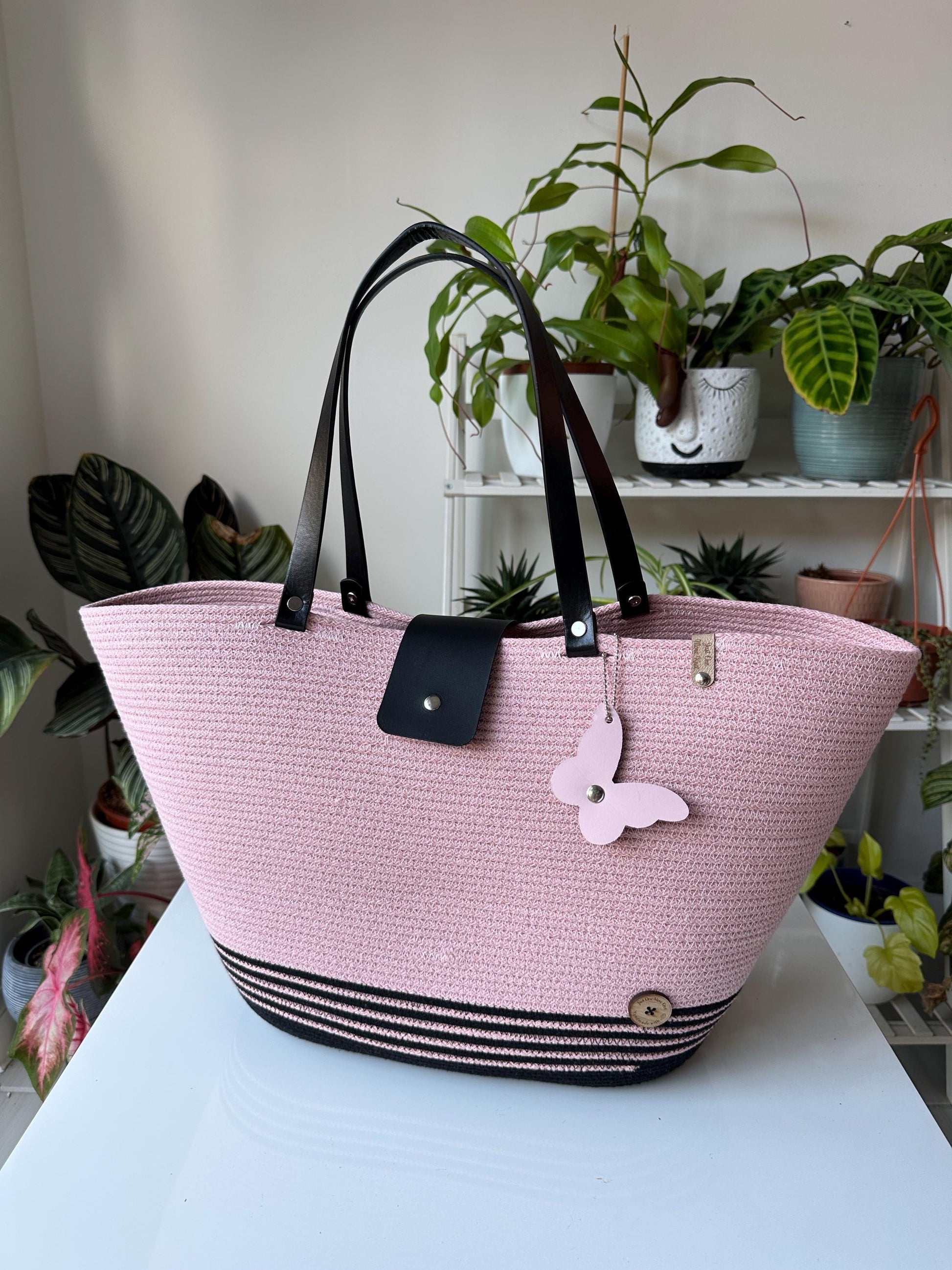 Candy Heart Black  Zigzag Cotton Rope Bag: UK Crafted Shopper with Eco-Leather Flap