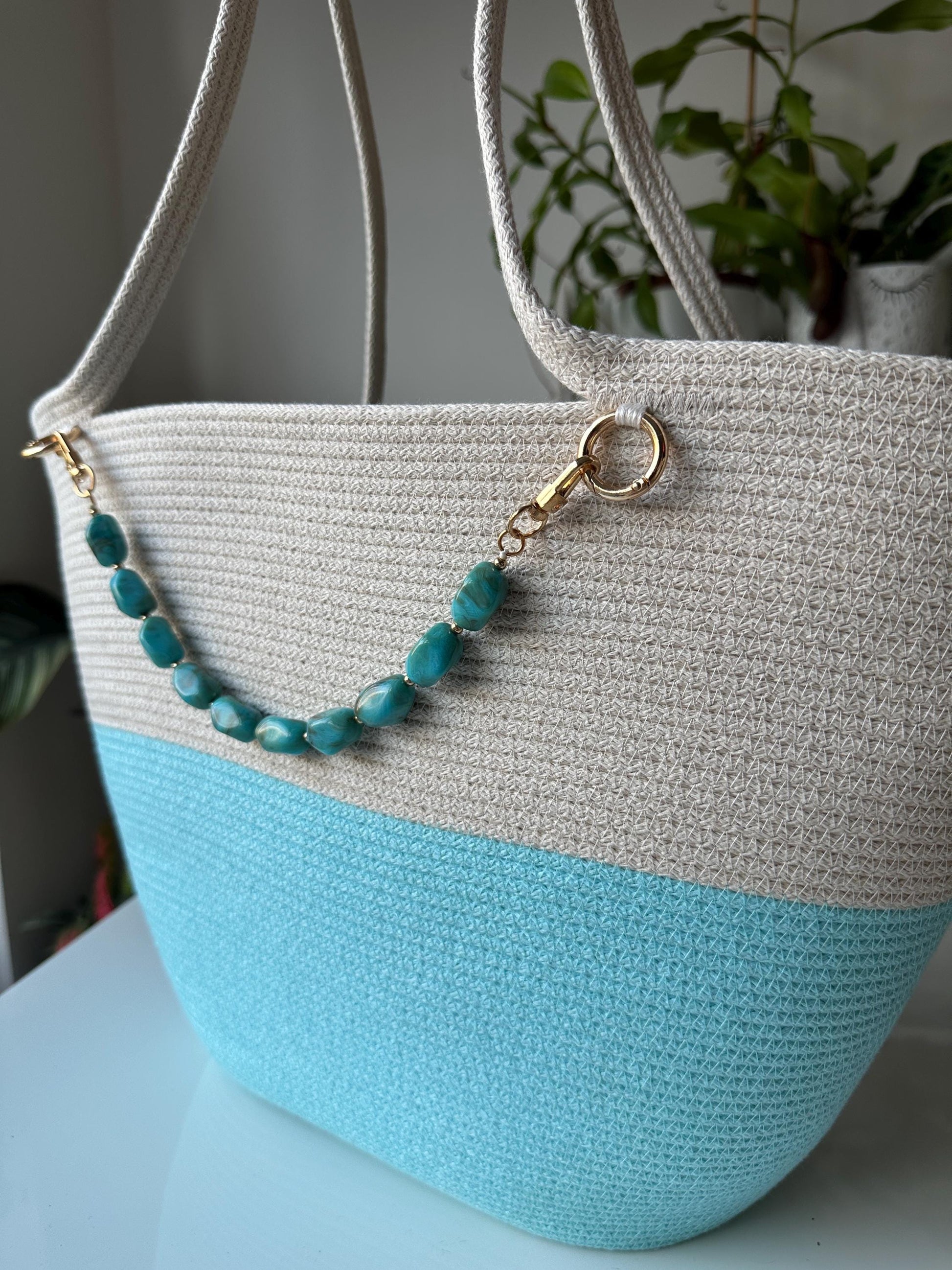 Ecru Limpet Shell Handmade Zigzag Cotton Cord Bag UK Crafted Shopper with Stone Charm